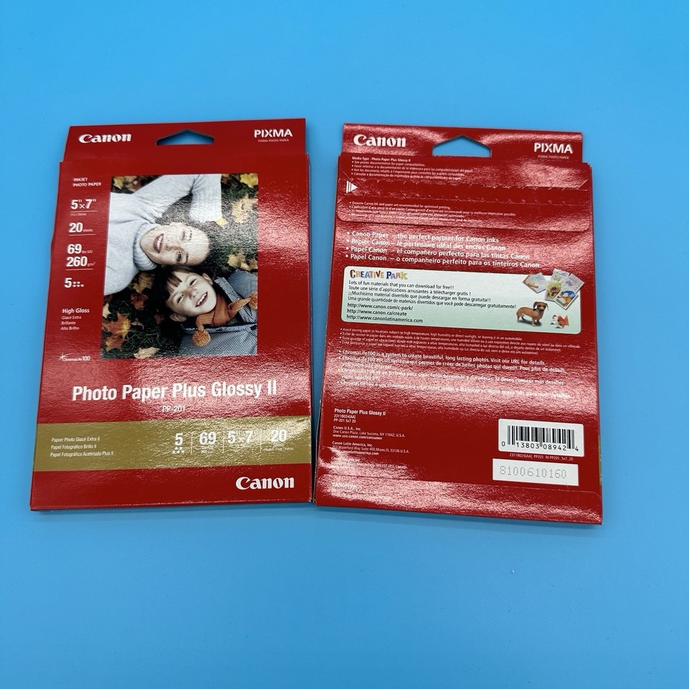 Lot of‎ 2- Canon Photo Paper Plus Glossy II 5"x7" 20 Sheets Per Pack  (40 Total)